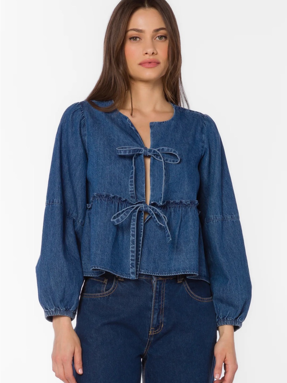 VELVET HEART Denim Tie-Front Blouse - Picture 1 of 8